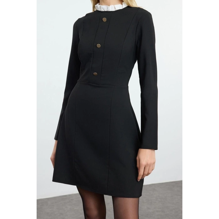 Women Fashion Stylish Mini Length Stand Collar Regular A Cut Button Detailed Woven Dress