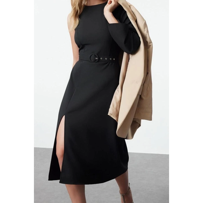 Womens Fashion Stylish Midi Length Crew Neck Regular Belted A Cut Single Sleeve Detailed Woven Dress