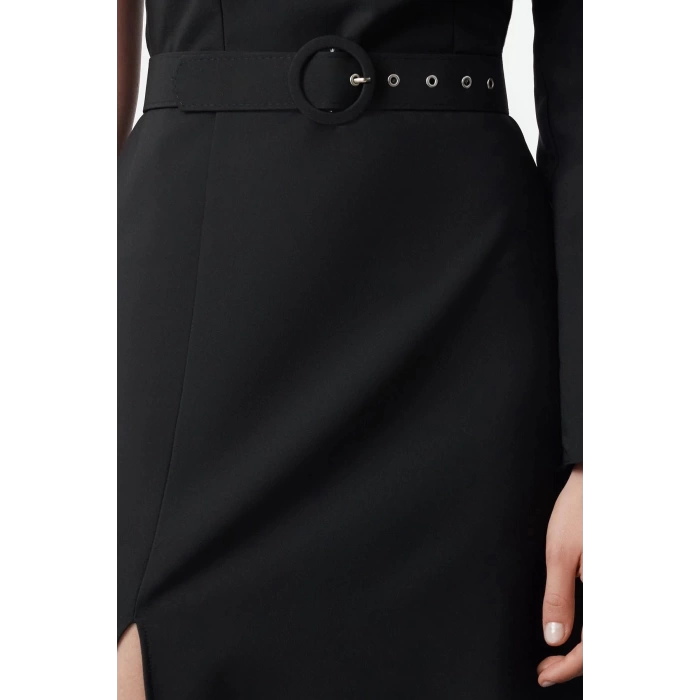 Womens Fashion Stylish Midi Length Crew Neck Regular Belted A Cut Single Sleeve Detailed Woven Dress