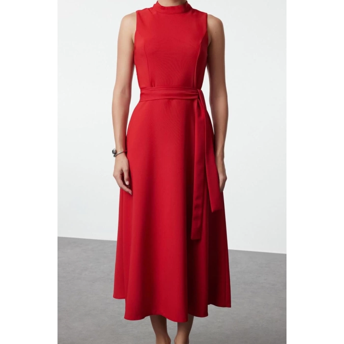 Women Fashion Stylish Midi Length Crew Neck Regular Belted Waist Open Woven Dress