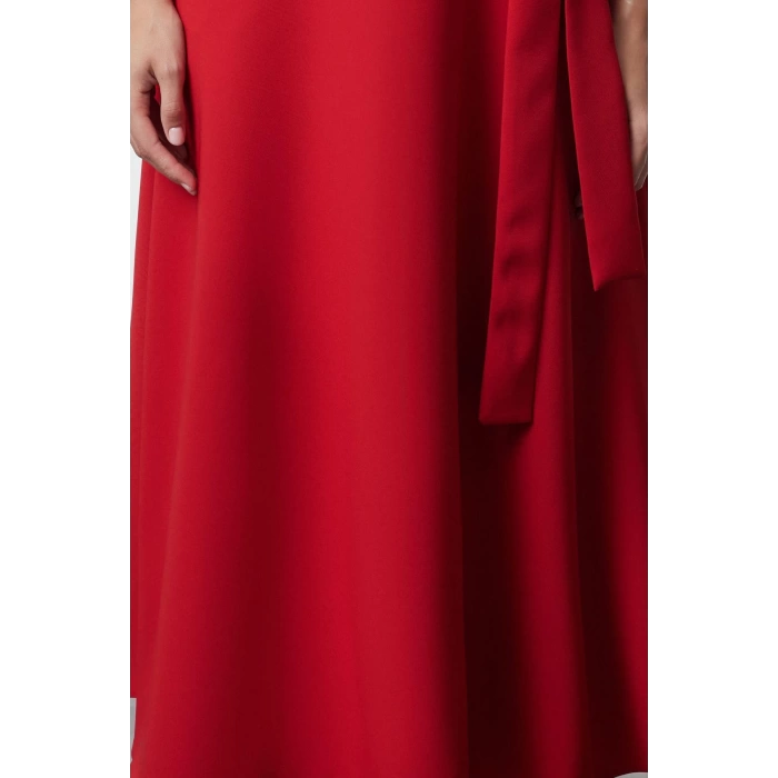 Women Fashion Stylish Midi Length Crew Neck Regular Belted Waist Open Woven Dress