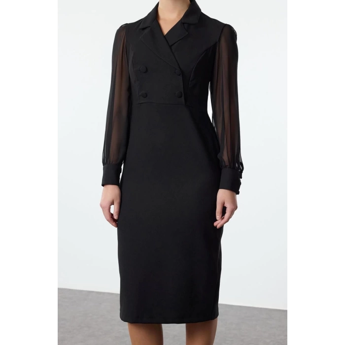 Women Fashion Stylish Midi Length Jacket Collar Regular Body-hugging Chiffon Sleeve Detailed Woven Dress