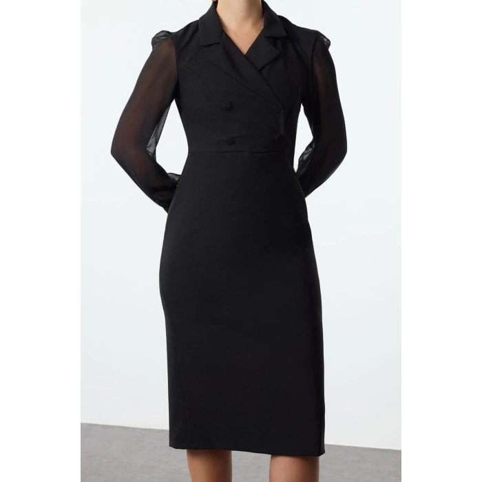 Women Fashion Stylish Midi Length Jacket Collar Regular Body-hugging Chiffon Sleeve Detailed Woven Dress