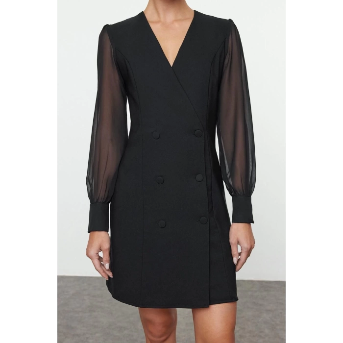 Women Fashion Stylish Mini Length Jacket Collar Regular Chiffon Sleeve Detailed Woven Jacket Dress