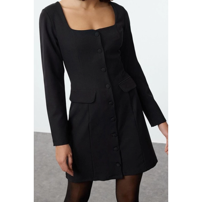 Women Fashion Stylish Mini Length Square Collar Regular Pocket Detailed Woven Jacket Dress