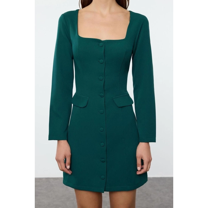 Women Fashion Stylish Mini Length Square Collar Regular Pocket Detailed Woven Jacket Dress