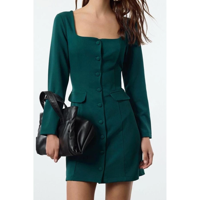 Women Fashion Stylish Mini Length Square Collar Regular Pocket Detailed Woven Jacket Dress