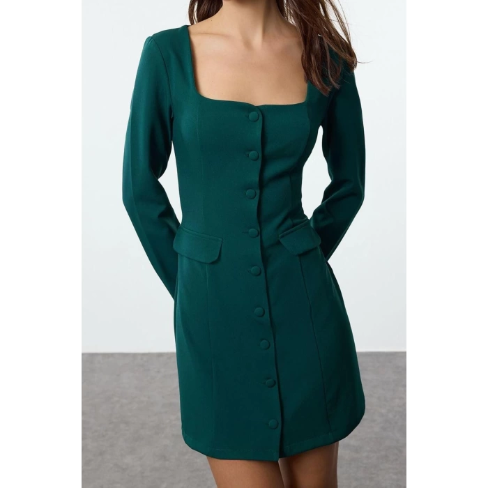 Women Fashion Stylish Mini Length Square Collar Regular Pocket Detailed Woven Jacket Dress