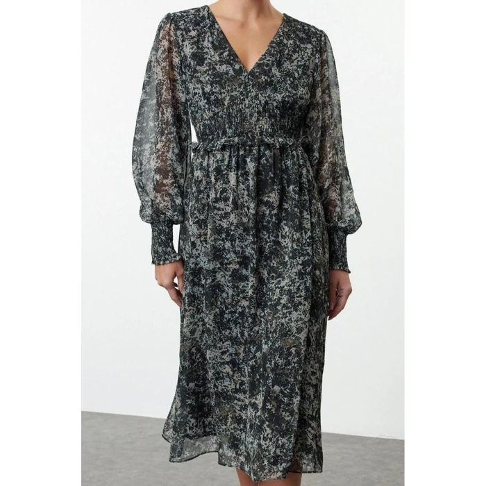 Womens Fashion Midi Length V Neck Regular Abstract Patterned Bodice Gipe Detailed Chiffon Lined Woven Dress