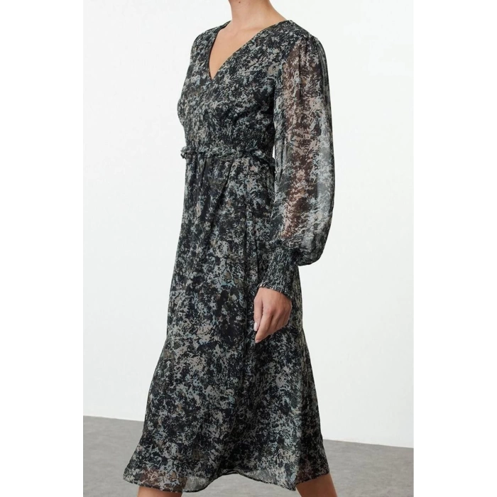 Womens Fashion Midi Length V Neck Regular Abstract Patterned Bodice Gipe Detailed Chiffon Lined Woven Dress