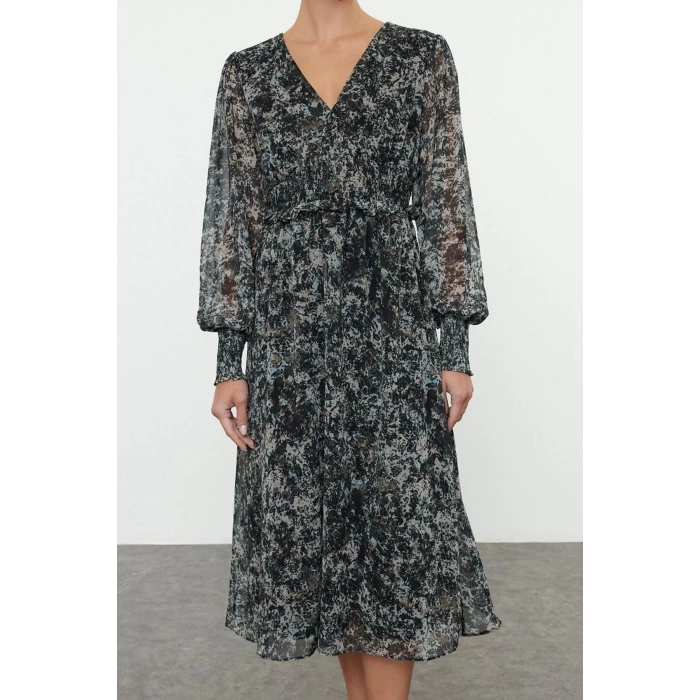 Womens Fashion Midi Length V Neck Regular Abstract Patterned Bodice Gipe Detailed Chiffon Lined Woven Dress