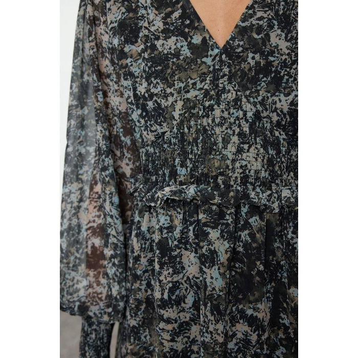 Womens Fashion Midi Length V Neck Regular Abstract Patterned Bodice Gipe Detailed Chiffon Lined Woven Dress