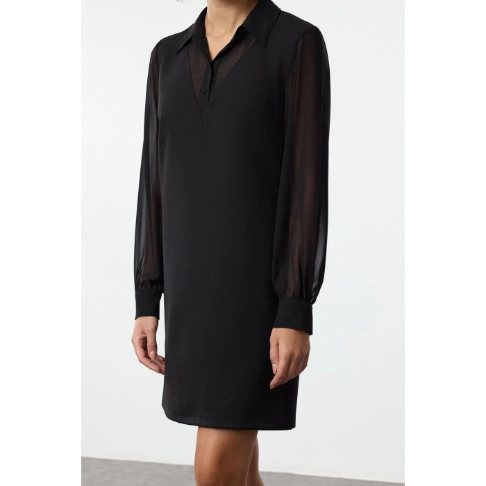 Women Fashion Stylish Mini Length Shirt Collar Regular Straight Cut Pocket Detailed Woven Dress