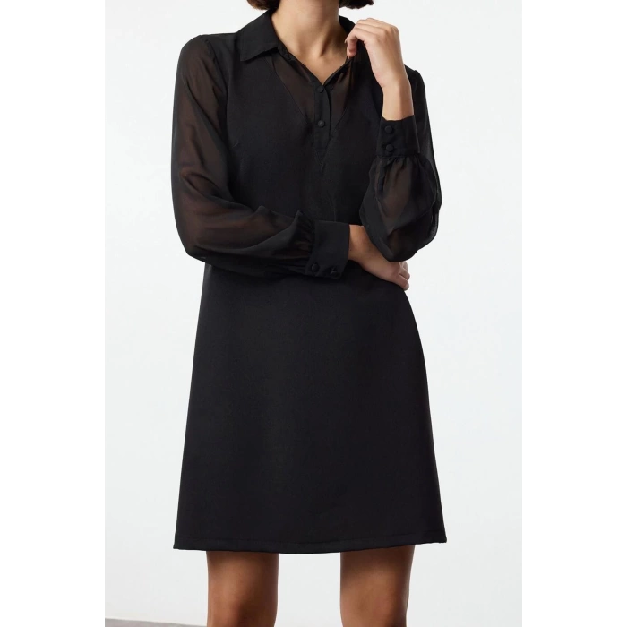 Women Fashion Stylish Mini Length Shirt Collar Regular Straight Cut Pocket Detailed Woven Dress