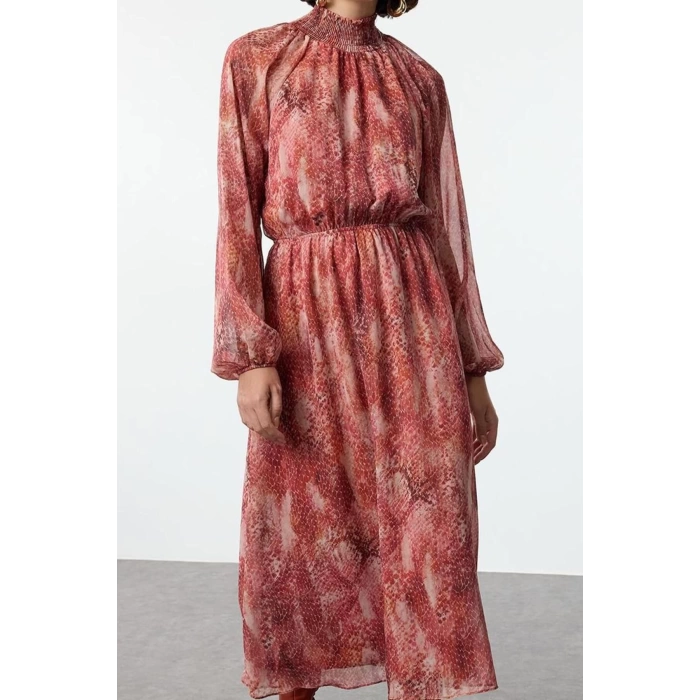 Women Fashion Stylish Midi Length Stand Collar Regular Shawl Pattern Lined Woven Winter Dress