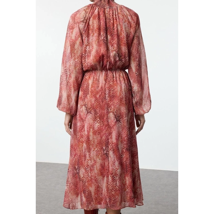 Women Fashion Stylish Midi Length Stand Collar Regular Shawl Pattern Lined Woven Winter Dress