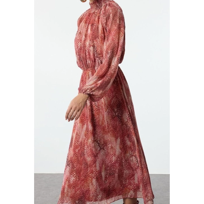 Women Fashion Stylish Midi Length Stand Collar Regular Shawl Pattern Lined Woven Winter Dress