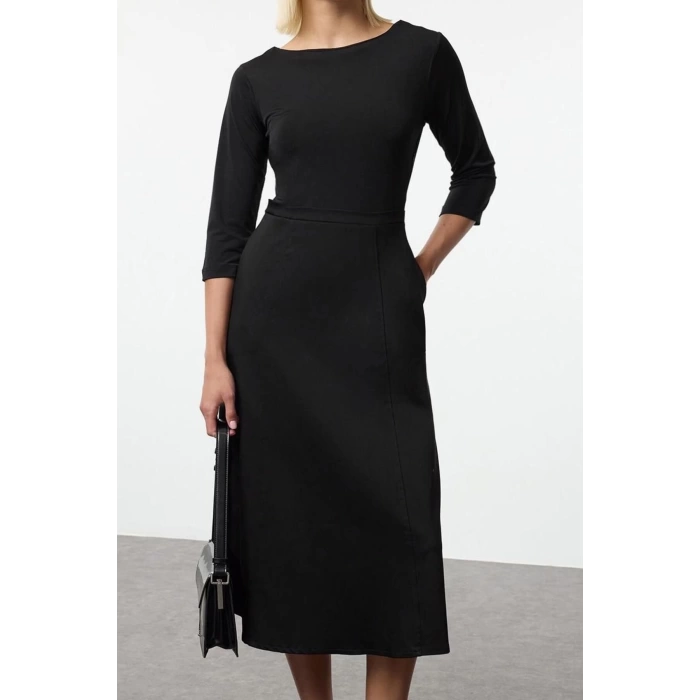 Women Fashion Stylish Midi Length Crew Neck Regular Waist Open Fabric Mixed Woven Dress