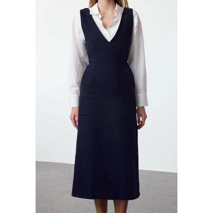 Women Fashion Stylish Midi Length V Neck Regular Vest Woven Dress