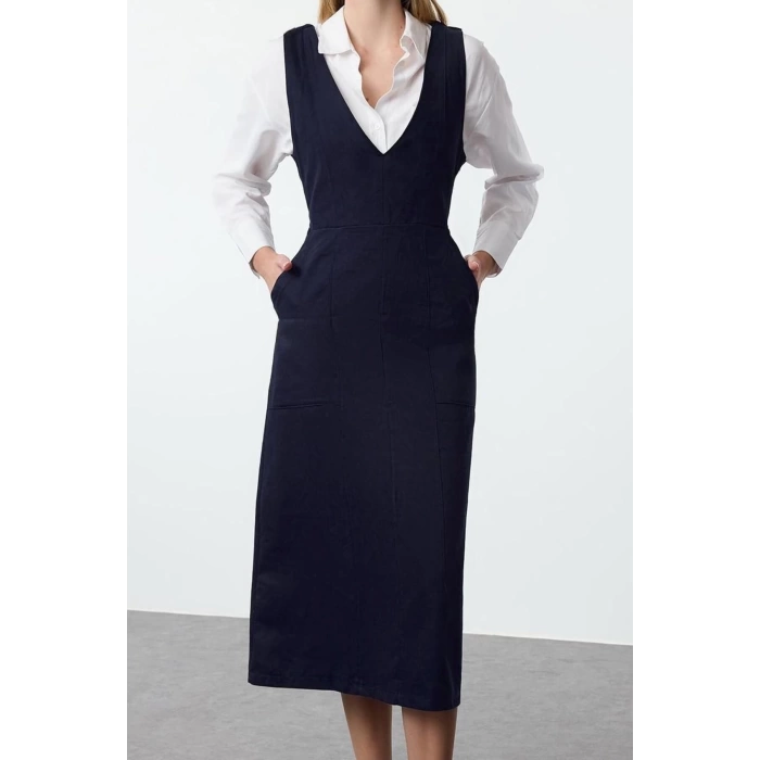 Women Fashion Stylish Midi Length V Neck Regular Vest Woven Dress