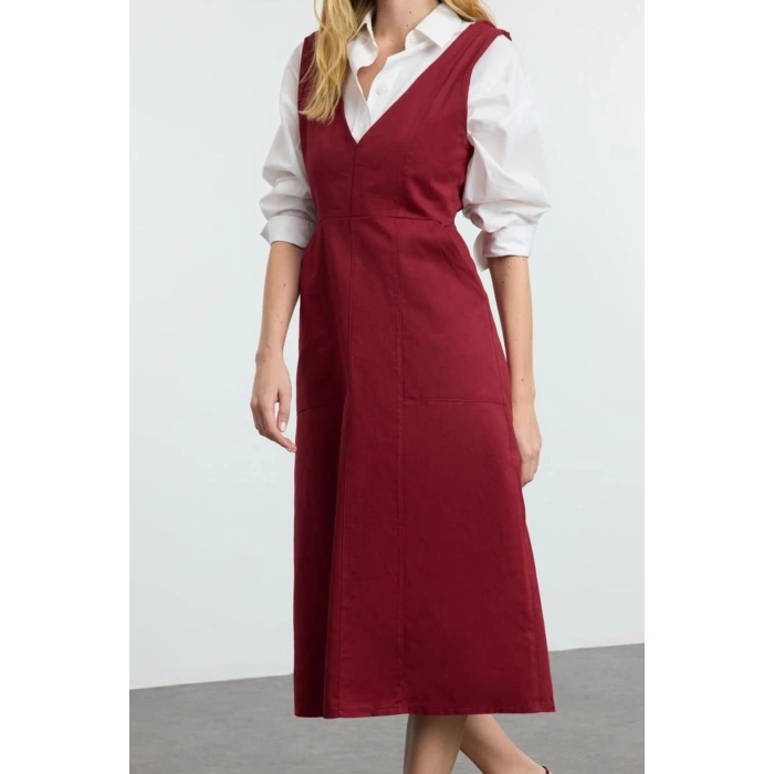 Women Fashion Stylish Midi Length V Neck Regular Vest Woven Dress