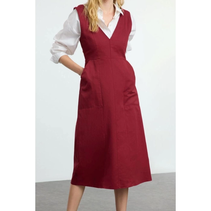 Women Fashion Stylish Midi Length V Neck Regular Vest Woven Dress
