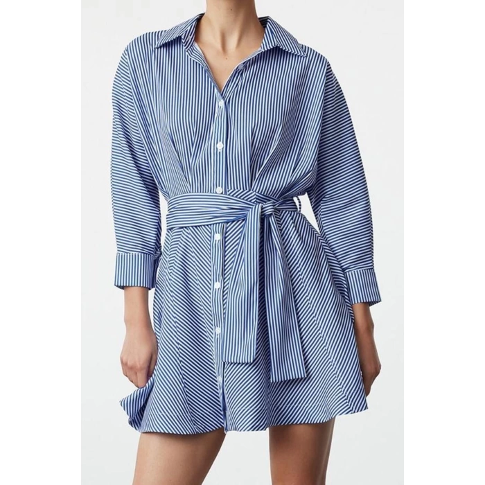 Women Fashion Stylish Mini Length Shirt Collar Regular Brown 001 Striped Woven Dress