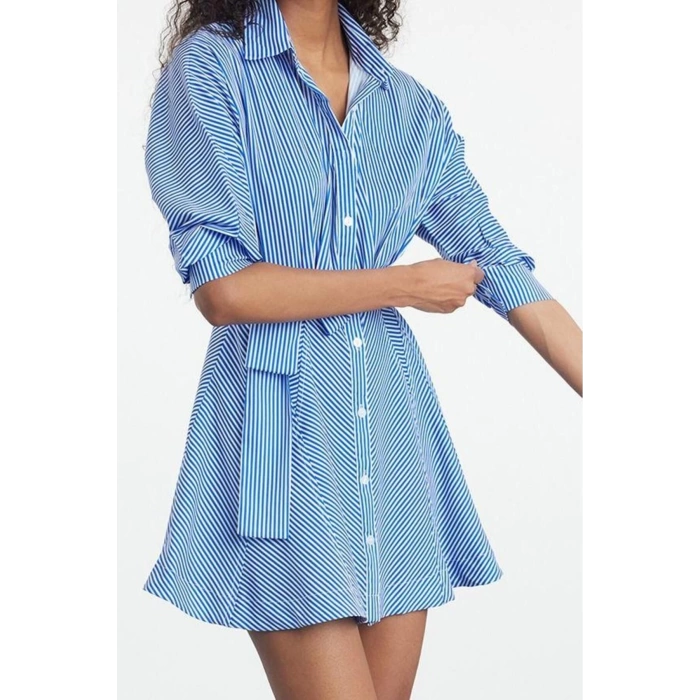 Women Fashion Stylish Mini Length Shirt Collar Regular Brown 001 Striped Woven Dress