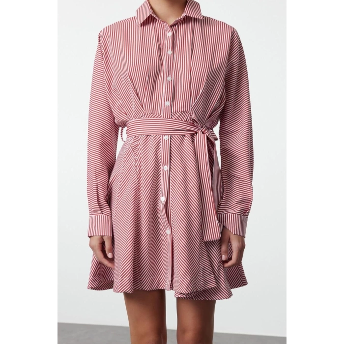 Women Fashion Stylish Mini Length Shirt Collar Regular Brown 001 Striped Woven Dress
