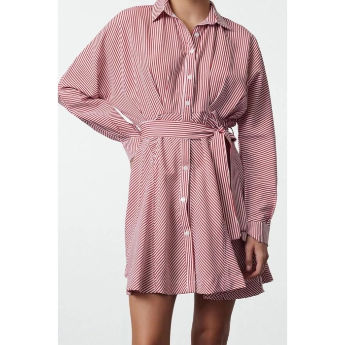 Women Fashion Stylish Mini Length Shirt Collar Regular Brown 001 Striped Woven Dress