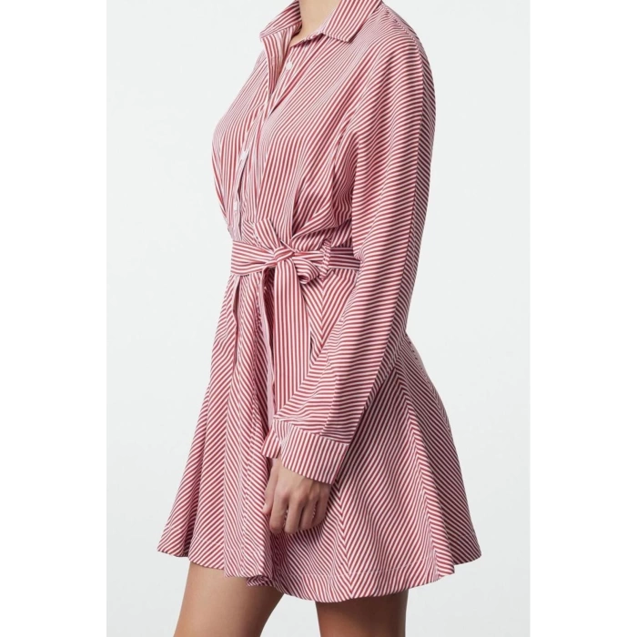 Women Fashion Stylish Mini Length Shirt Collar Regular Brown 001 Striped Woven Dress