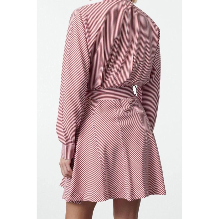 Women Fashion Stylish Mini Length Shirt Collar Regular Brown 001 Striped Woven Dress