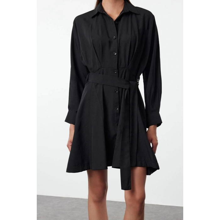 Women Fashion Stylish Mini Length Shirt Collar Regular Brown 001 Striped Woven Dress