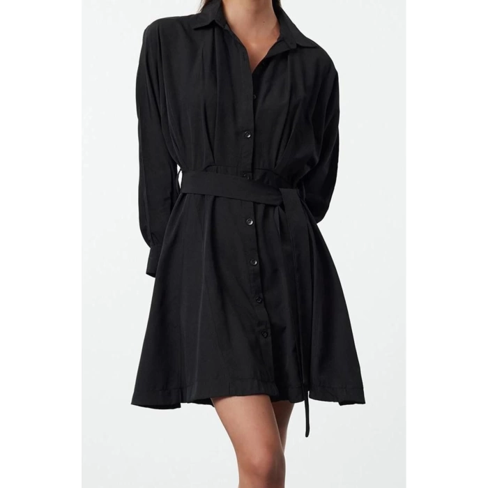 Women Fashion Stylish Mini Length Shirt Collar Regular Brown 001 Striped Woven Dress