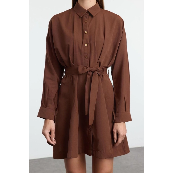 Women Fashion Stylish Mini Length Shirt Collar Regular Brown 001 Striped Woven Dress
