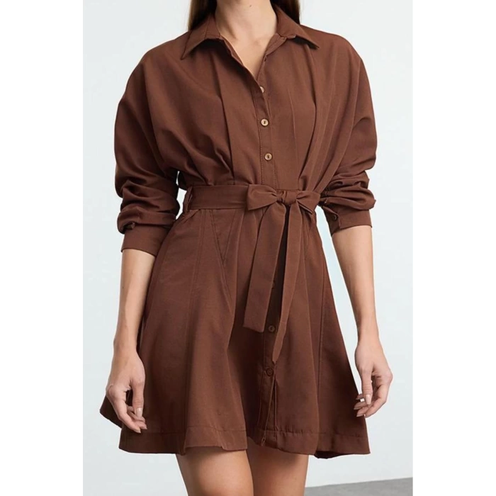 Women Fashion Stylish Mini Length Shirt Collar Regular Brown 001 Striped Woven Dress