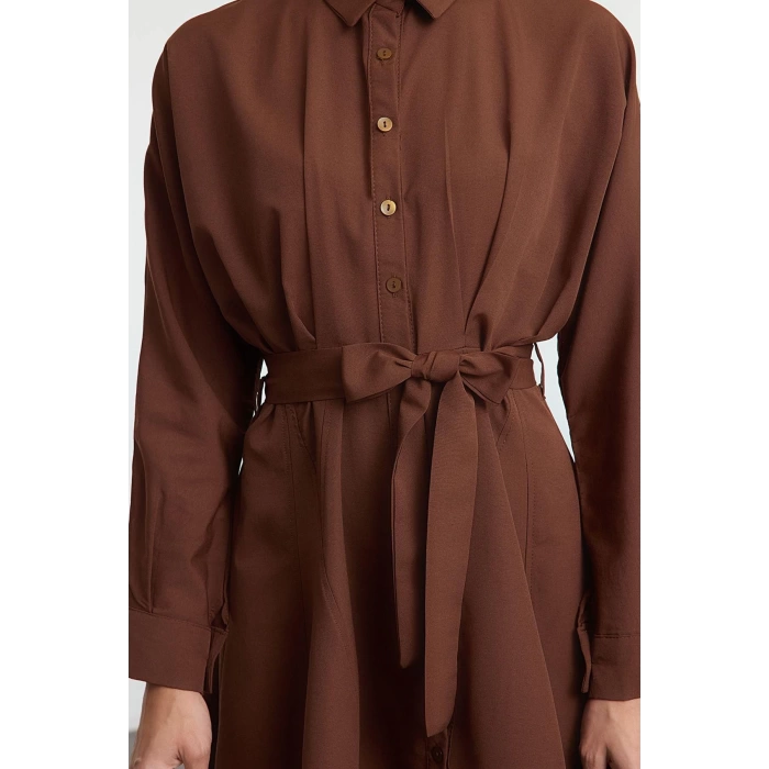 Women Fashion Stylish Mini Length Shirt Collar Regular Brown 001 Striped Woven Dress
