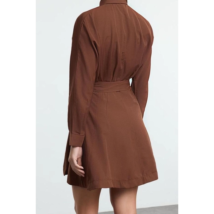 Women Fashion Stylish Mini Length Shirt Collar Regular Brown 001 Striped Woven Dress