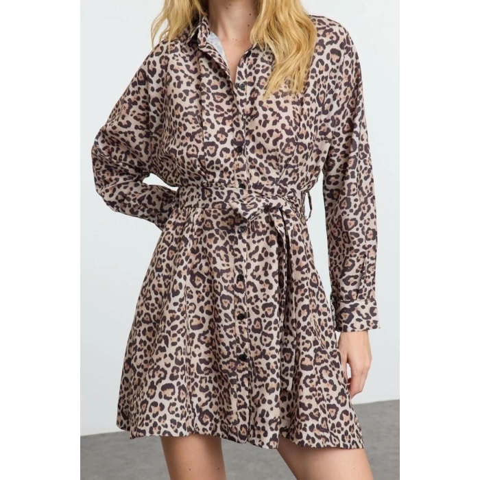 Women Fashion Stylish Mini Length Shirt Collar Regular Brown 001 Striped Woven Dress