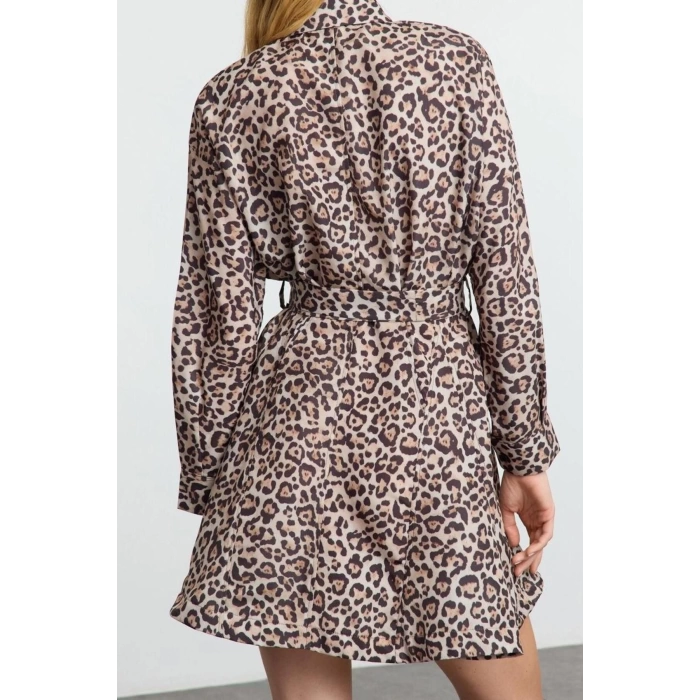 Women Fashion Stylish Mini Length Shirt Collar Regular Brown 001 Striped Woven Dress