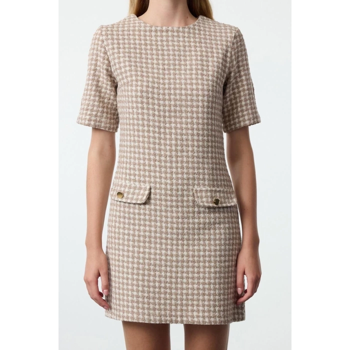 Womens Fashion Stylish Mini Length Crew Neck Regular Houndstooth Straight Cut Button Detailed Tweed Woven Dress