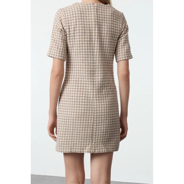 Womens Fashion Stylish Mini Length Crew Neck Regular Houndstooth Straight Cut Button Detailed Tweed Woven Dress