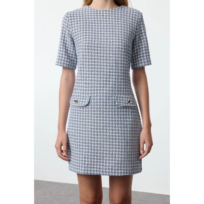 Womens Fashion Stylish Mini Length Crew Neck Regular Houndstooth Straight Cut Button Detailed Tweed Woven Dress