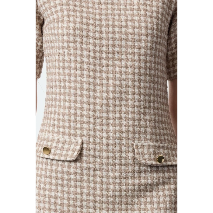 Womens Fashion Stylish Mini Length Crew Neck Regular Houndstooth Straight Cut Button Detailed Tweed Woven Dress