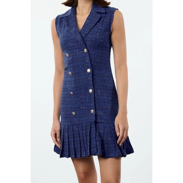 Women Fashion Stylish Mini Length Jacket Collar Regular Plaid Check Pleated Detailed Tweed Woven Jacket Dress
