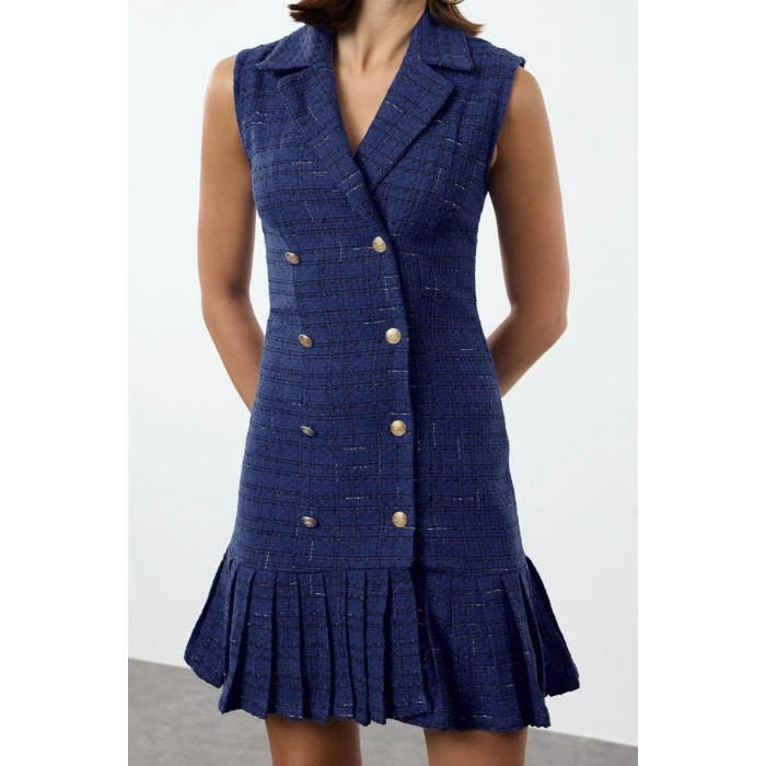 Women Fashion Stylish Mini Length Jacket Collar Regular Plaid Check Pleated Detailed Tweed Woven Jacket Dress