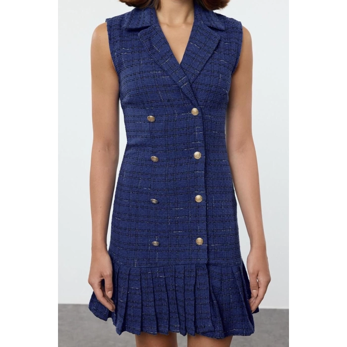 Women Fashion Stylish Mini Length Jacket Collar Regular Plaid Check Pleated Detailed Tweed Woven Jacket Dress