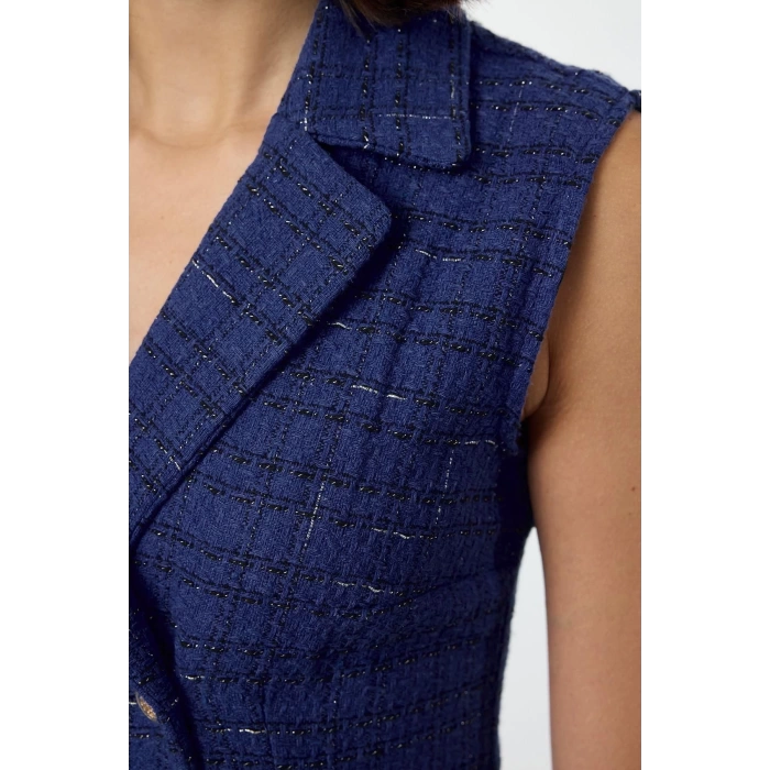 Women Fashion Stylish Mini Length Jacket Collar Regular Plaid Check Pleated Detailed Tweed Woven Jacket Dress