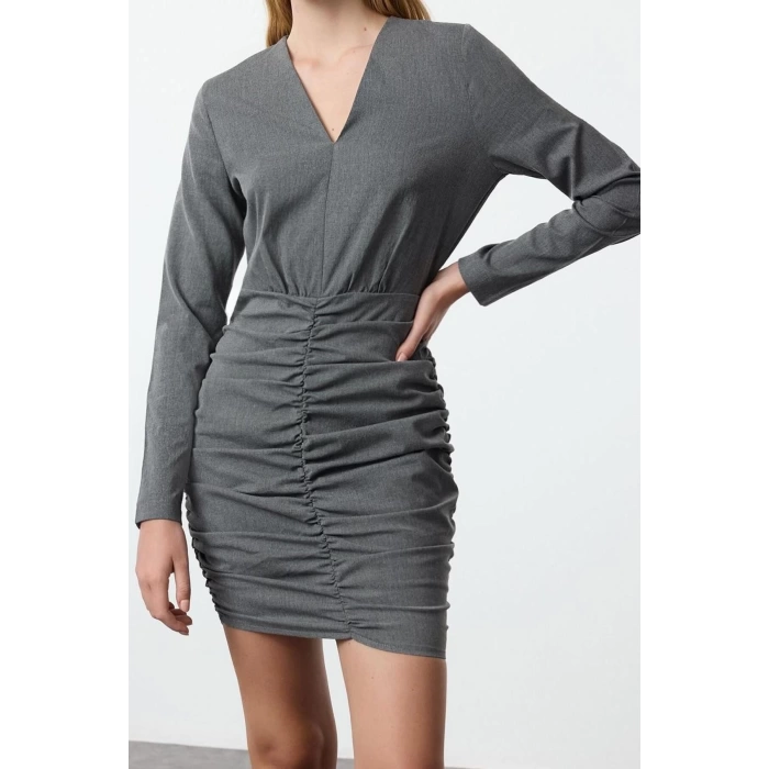 Womens Fashion Stylish Mini Length V Neck Regular Body-hugging Drape Detailed Woven Dress