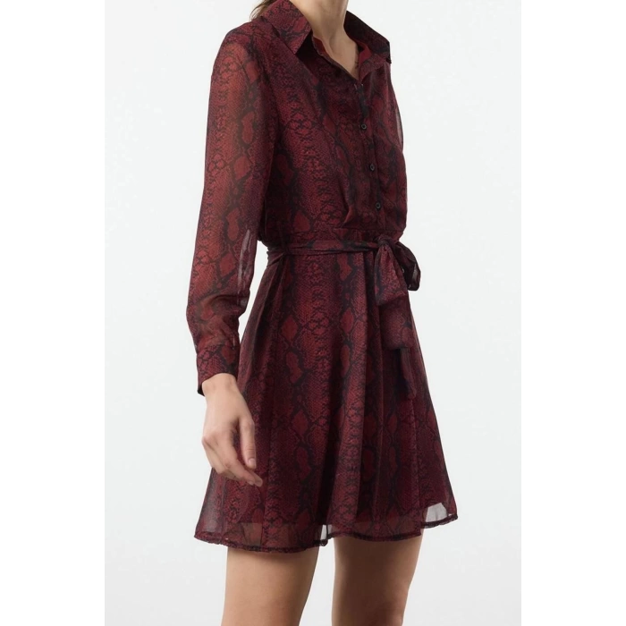 Women Fashion Stylish Mini Length Shirt Collar Regular Animal Woven Dress
